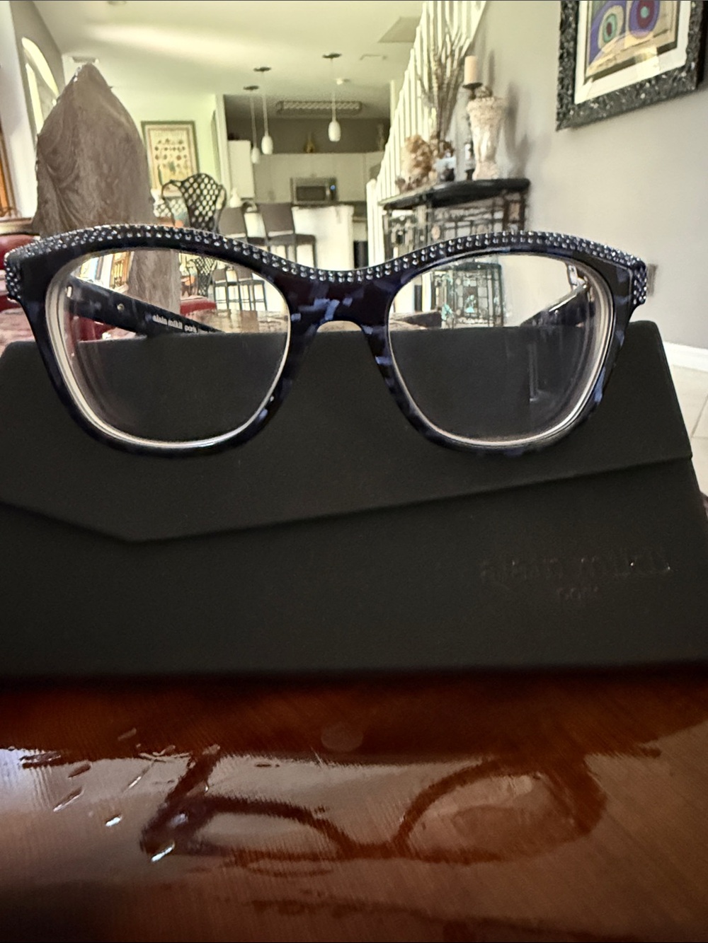 Alain Mikli Paris Blue Tortoise Shell Cat Eye Glasses with Blue Rhinestone